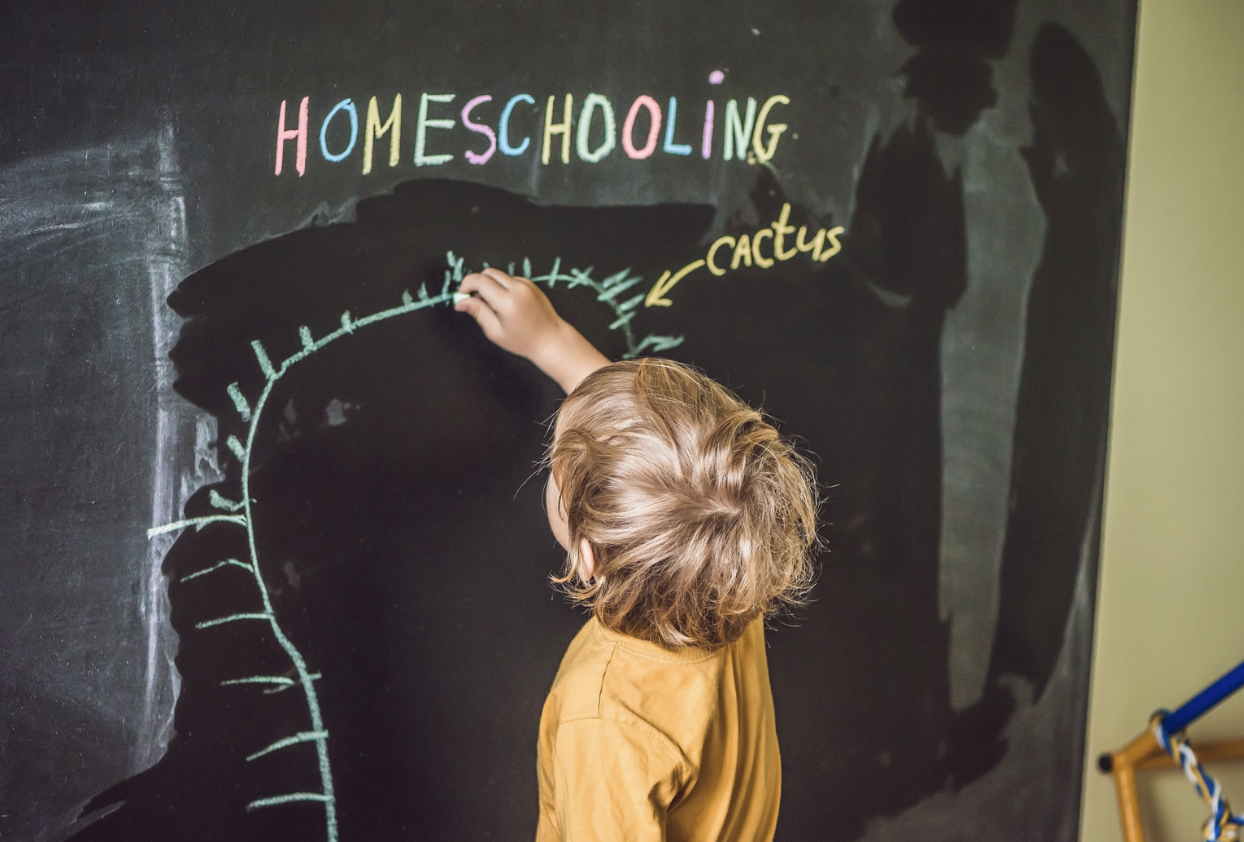 Child learning beside a homeschooling chalkboard